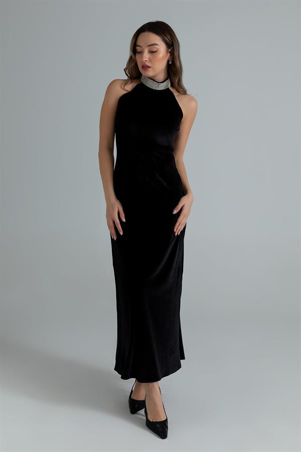Boyun Taşlı Kadife Elbise - SİYAH