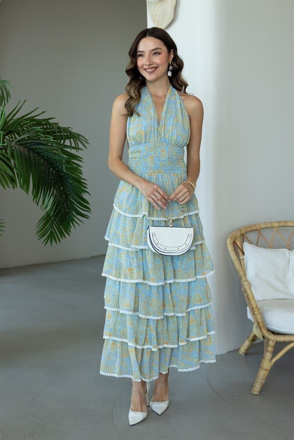 Boyundan Bağlamalı Sırt Dekolteli Elbise - MAVİ