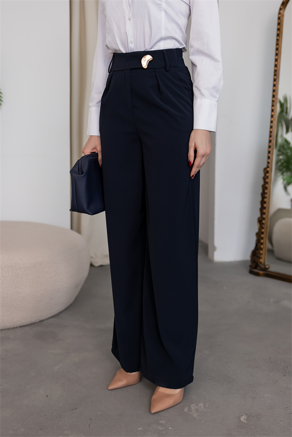 Broş Detay Palazzo Pantolon - LACİVERT