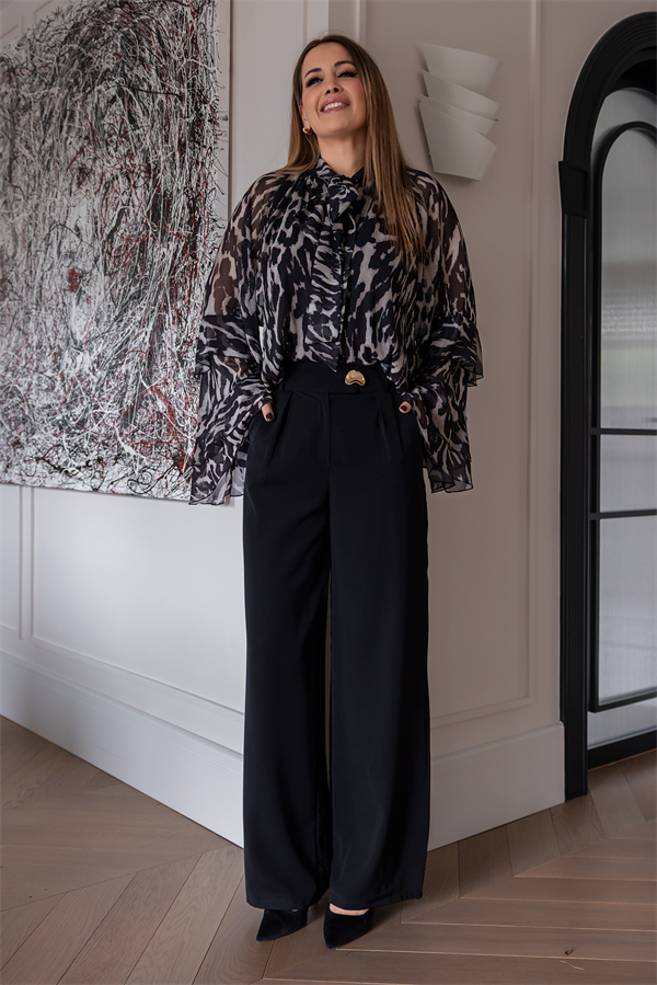 Broş Detay Palazzo Pantolon - SİYAH