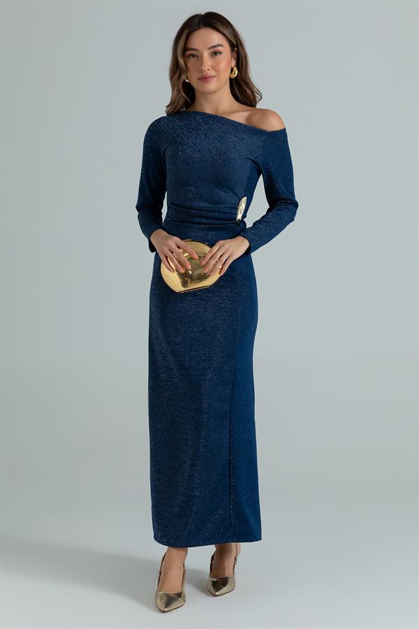 Broş Detay Simli Elbise - LACİVERT