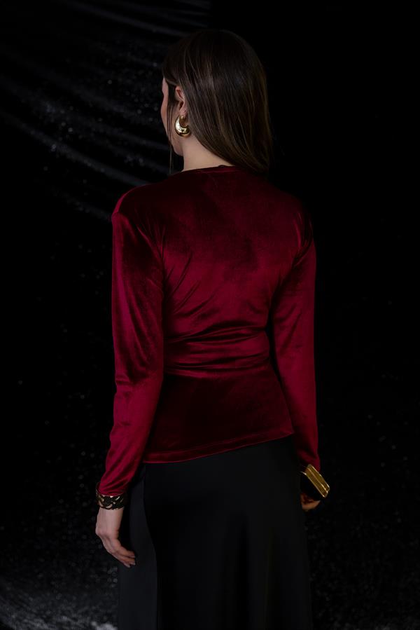 Broşlu Kadife Bluz - BORDO