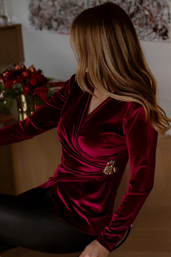 Broşlu Kadife Bluz - BORDO