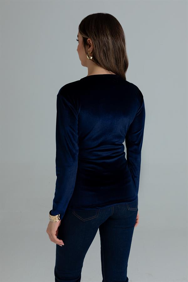 Broşlu Kadife Bluz - LACİVERT