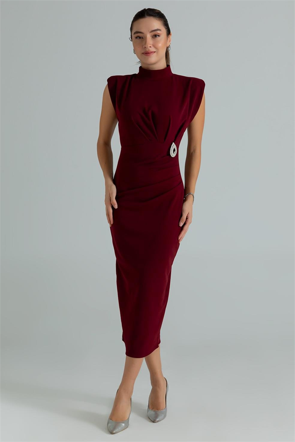 Broşlu Kalem Elbise - BORDO