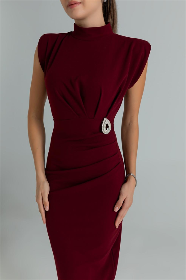 Broşlu Kalem Elbise - BORDO