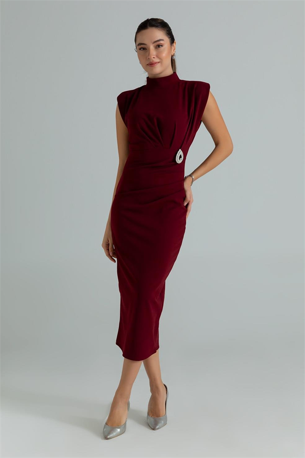 Broşlu Kalem Elbise - BORDO