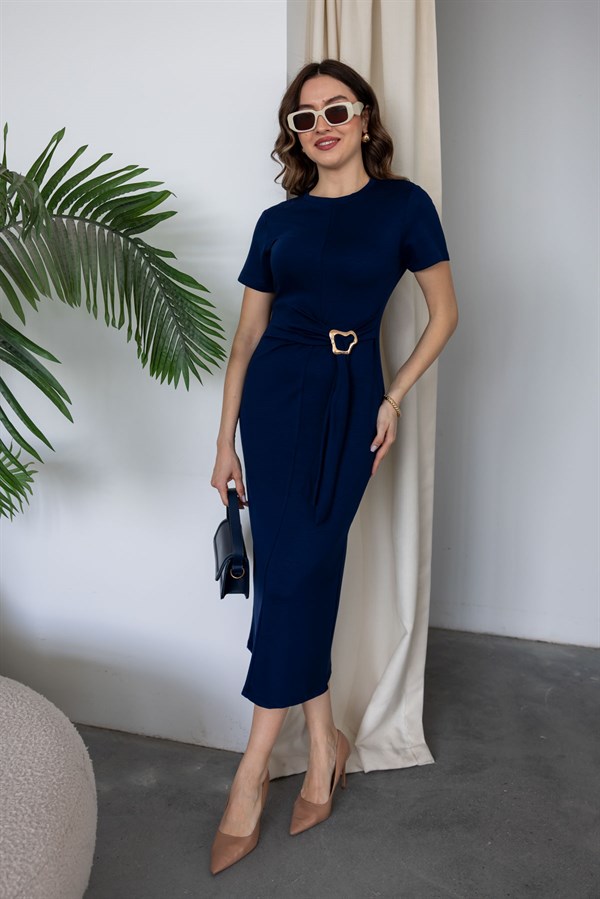Broşlu Modal Elbise - LACİVERT