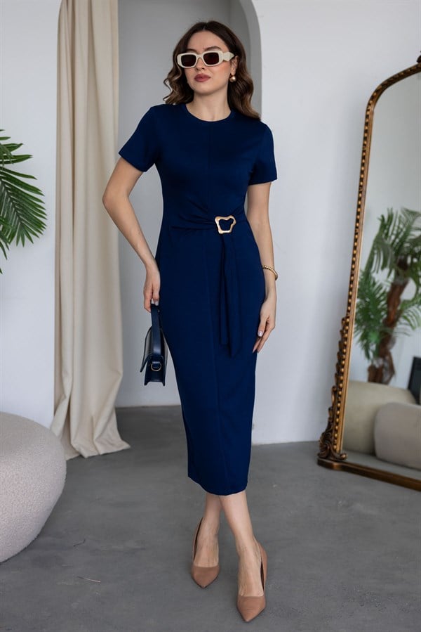 Broşlu Modal Elbise - LACİVERT
