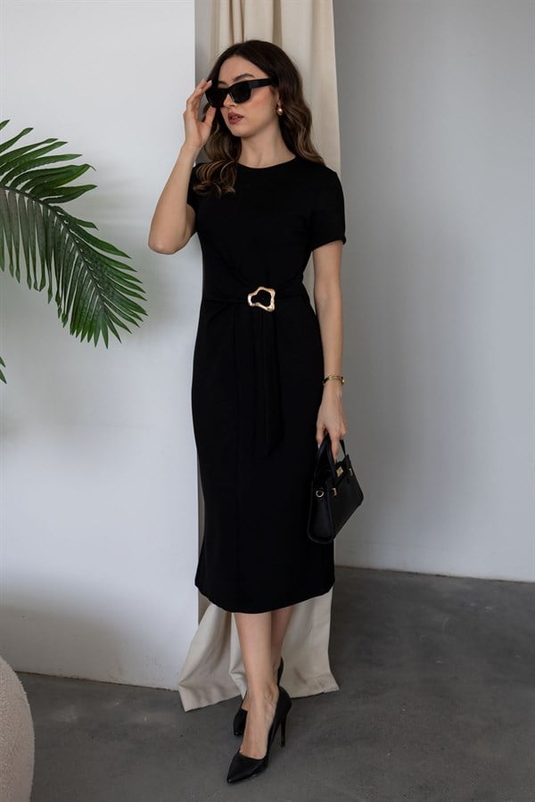 Broşlu Modal Elbise - SİYAH