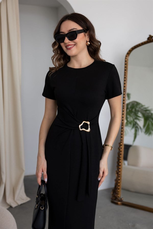 Broşlu Modal Elbise - SİYAH