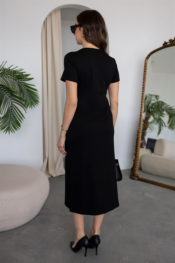 Broşlu Modal Elbise - SİYAH
