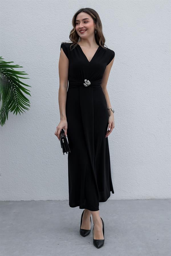 Broşlu Sandy Elbise - SİYAH