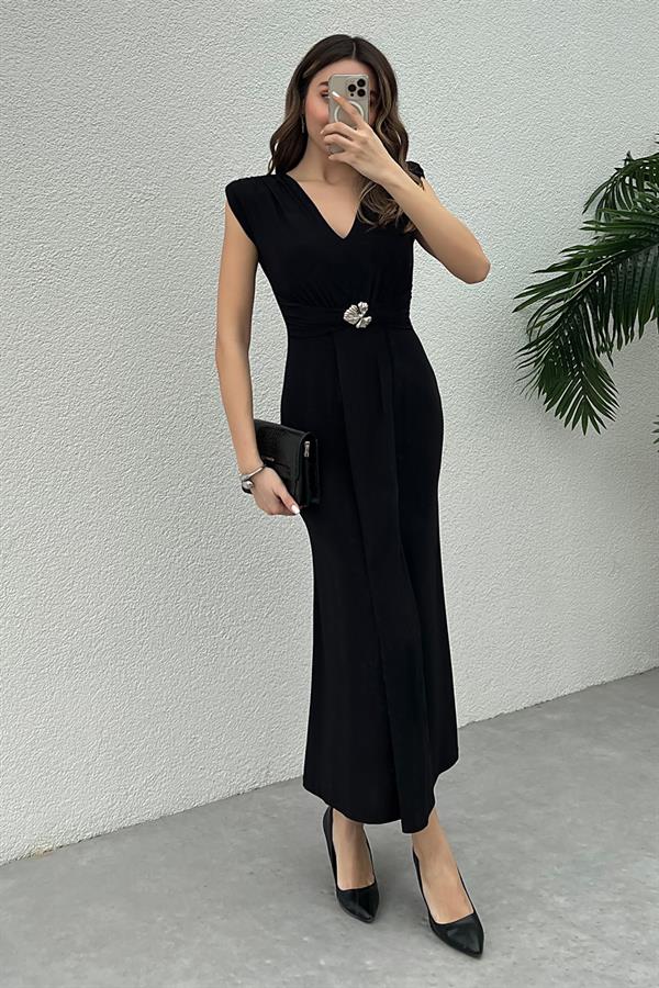 Broşlu Sandy Elbise - SİYAH