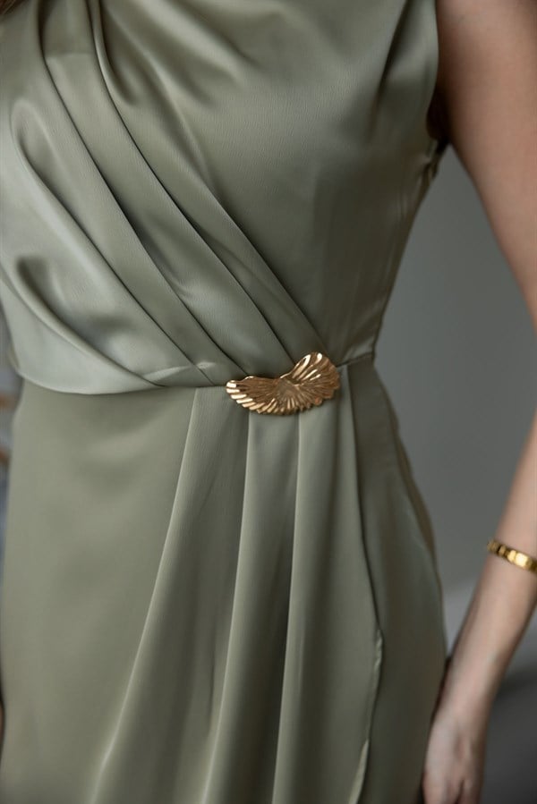 Broşlu Saten Elbise - HAKİ