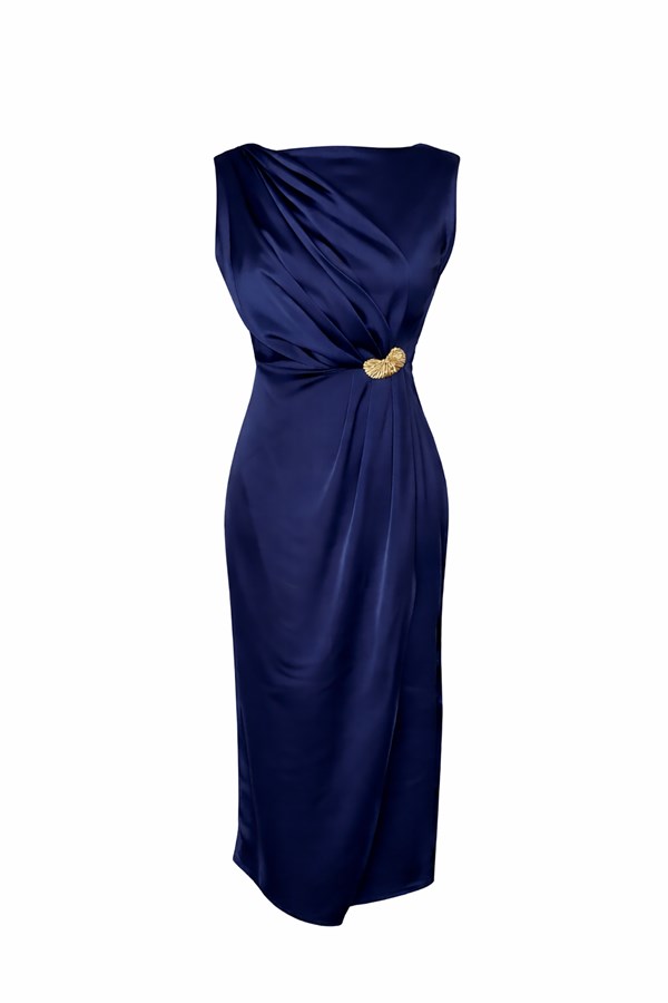 Broşlu Saten Elbise - LACİVERT