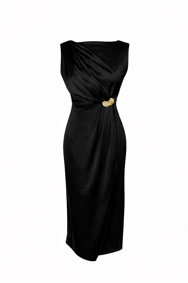 Broşlu Saten Elbise - SİYAH