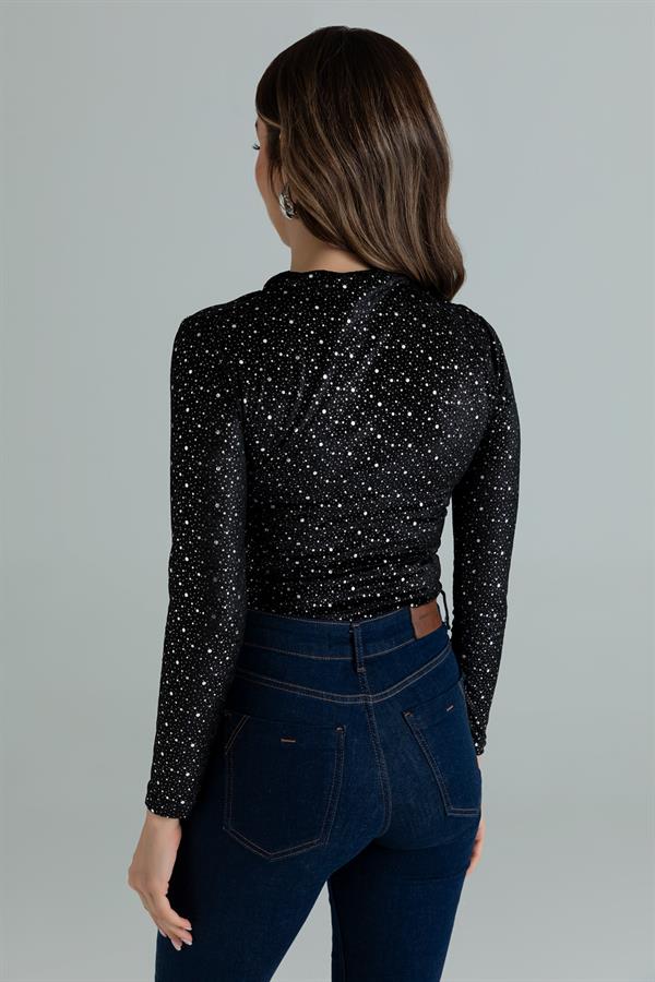 Büzgülü Işıltılı Bluz - SİYAH