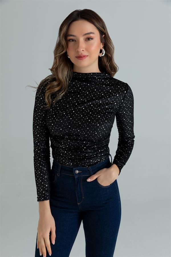Büzgülü Işıltılı Bluz - SİYAH