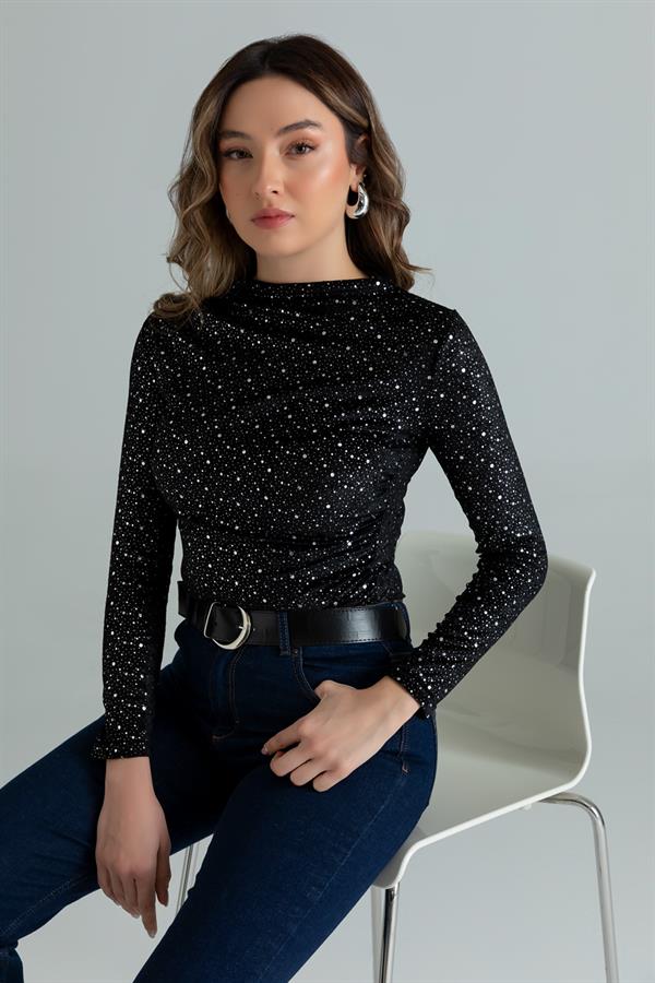 Büzgülü Işıltılı Bluz - SİYAH