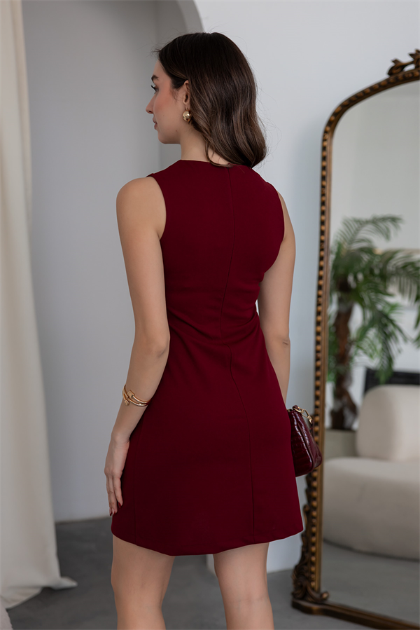 Cep Detaylı Mini Elbise - BORDO