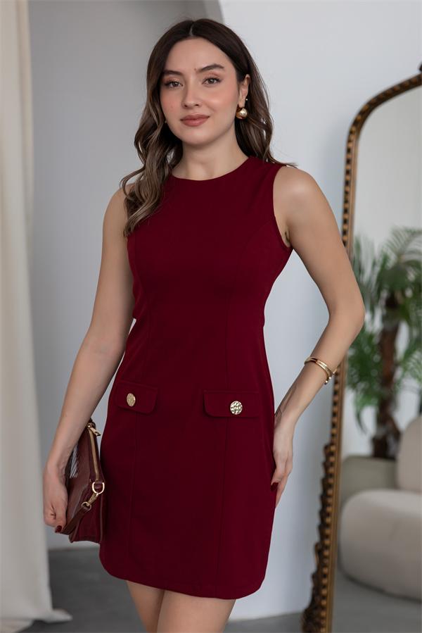 Cep Detaylı Mini Elbise - BORDO
