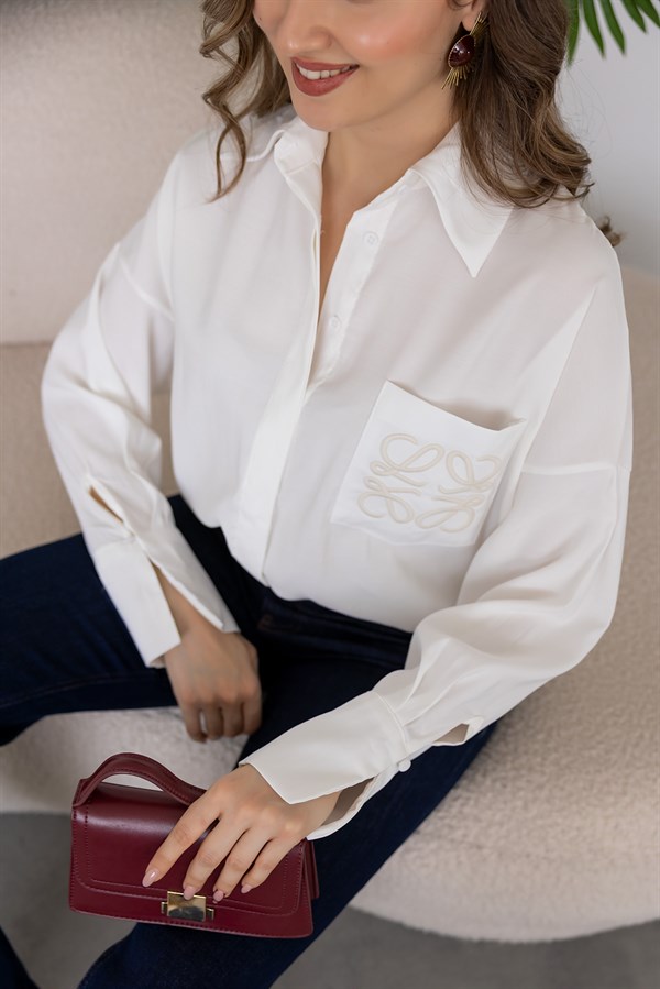 Cep Nakışlı Oversize Gömlek - EKRU