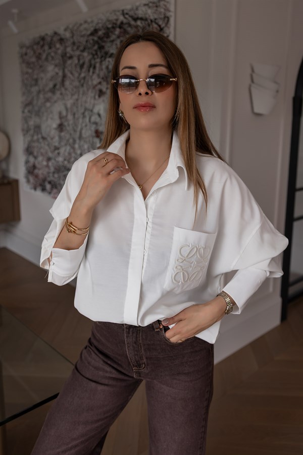 Cep Nakışlı Oversize Gömlek - EKRU