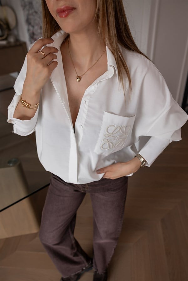 Cep Nakışlı Oversize Gömlek - EKRU