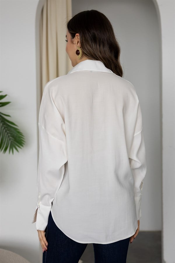 Cep Nakışlı Oversize Gömlek - EKRU