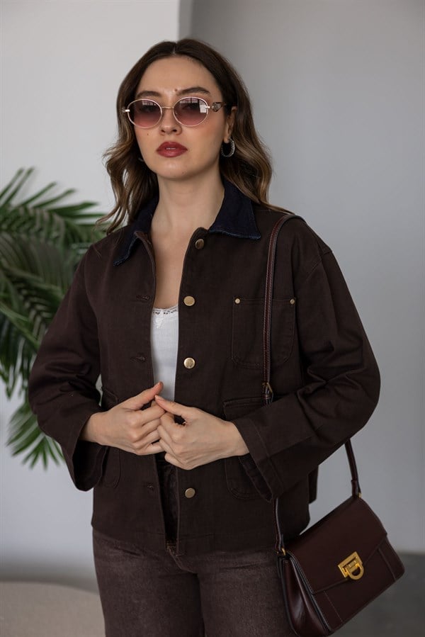 Cepli Denim Ceket - KAHVERENGİ
