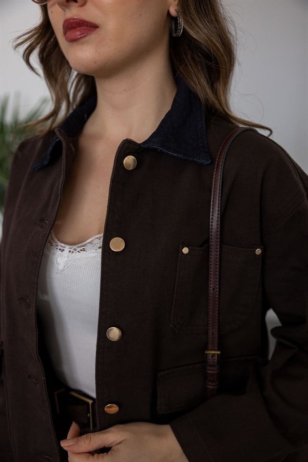 Cepli Denim Ceket - KAHVERENGİ