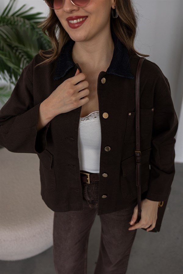 Cepli Denim Ceket - KAHVERENGİ