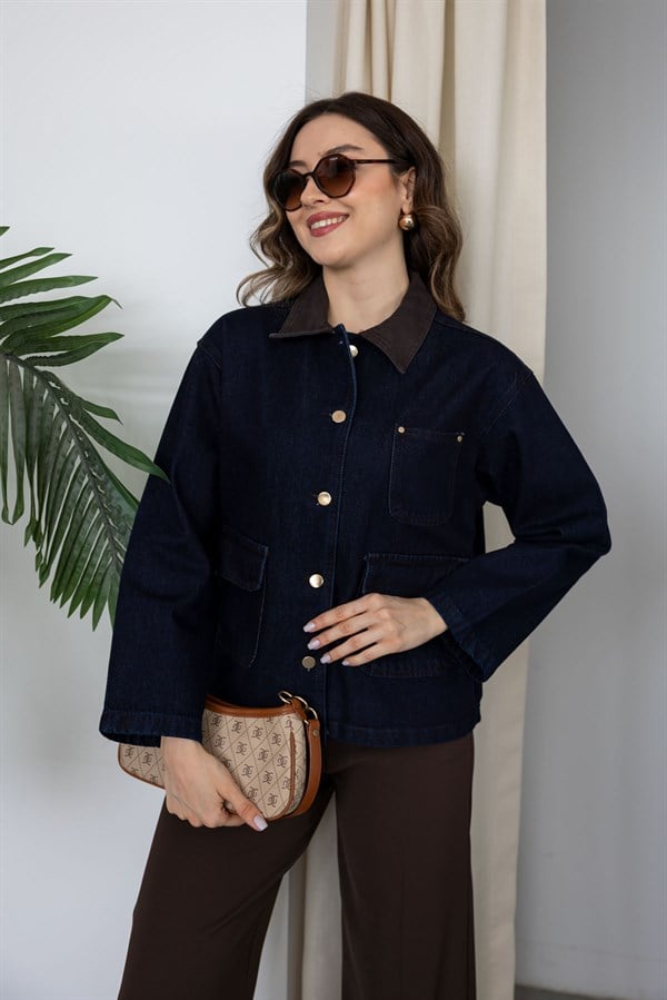 Cepli Denim Ceket - LACİVERT