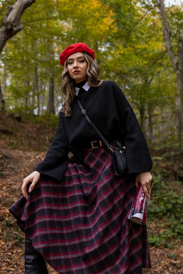 Cepli Kare Desen Etek - BORDO