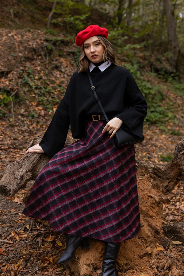 Cepli Kare Desen Etek - BORDO