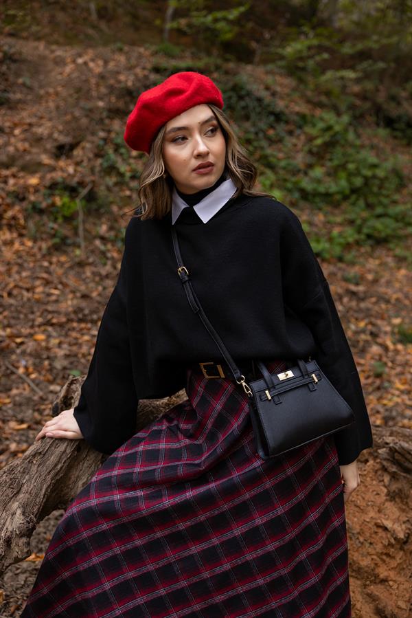 Cepli Kare Desen Etek - BORDO