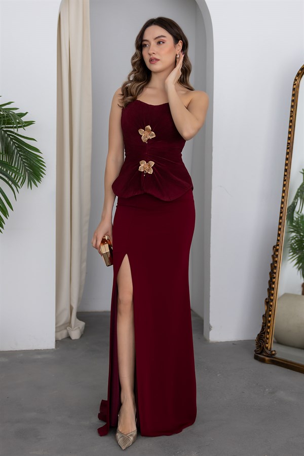 Çiçek Broşlu Straplez Abiye - BORDO