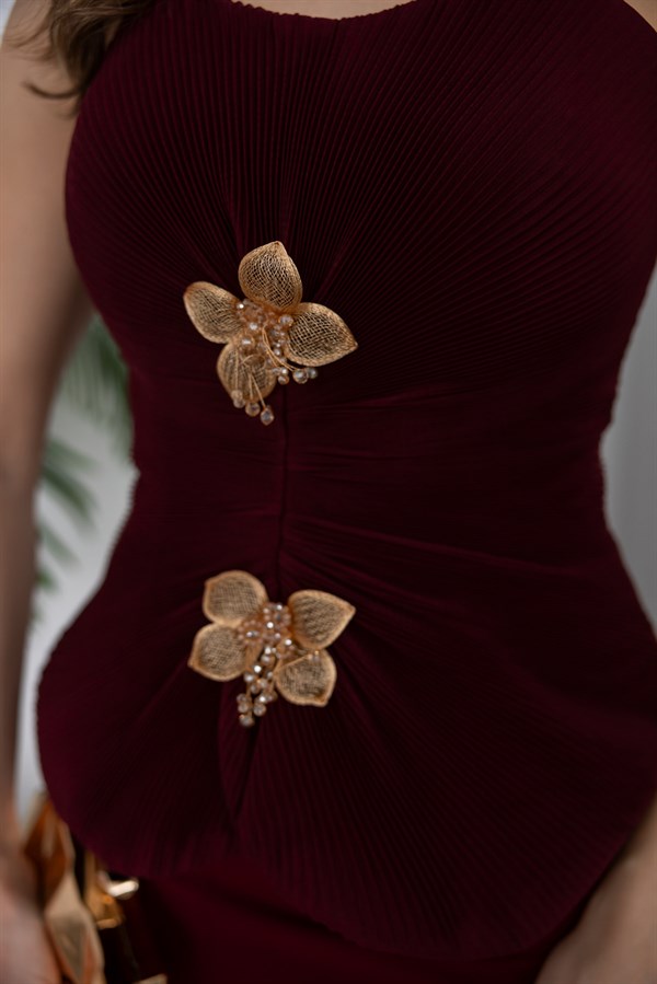 Çiçek Broşlu Straplez Abiye - BORDO