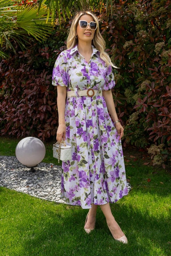 Çiçek Desen Hasır Kemerli Elbise - EKRU