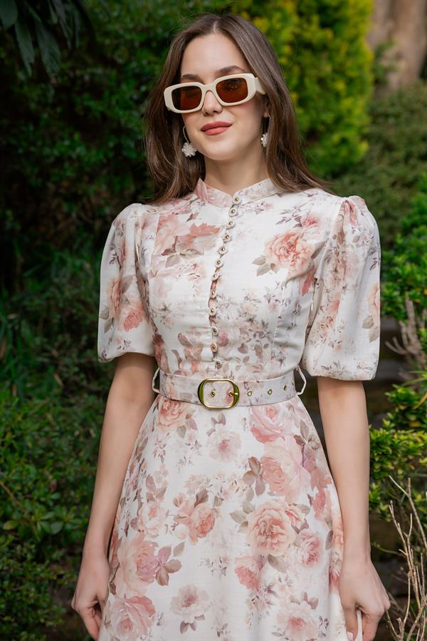 Çiçek Desen Kemerli Elbise - KREM