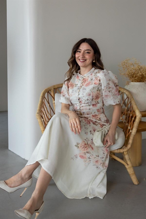 Çiçek Desen Kemerli Elbise - KREM