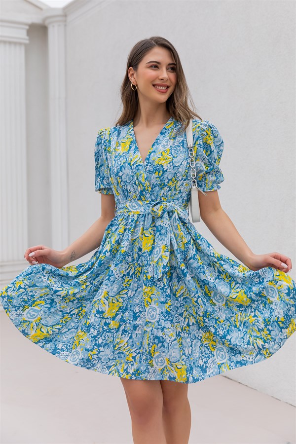 Çiçek Desen Kloş Elbise - MAVİ
