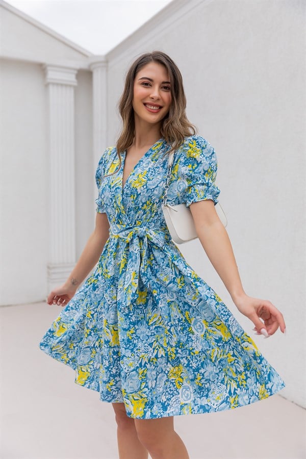 Çiçek Desen Kloş Elbise - MAVİ