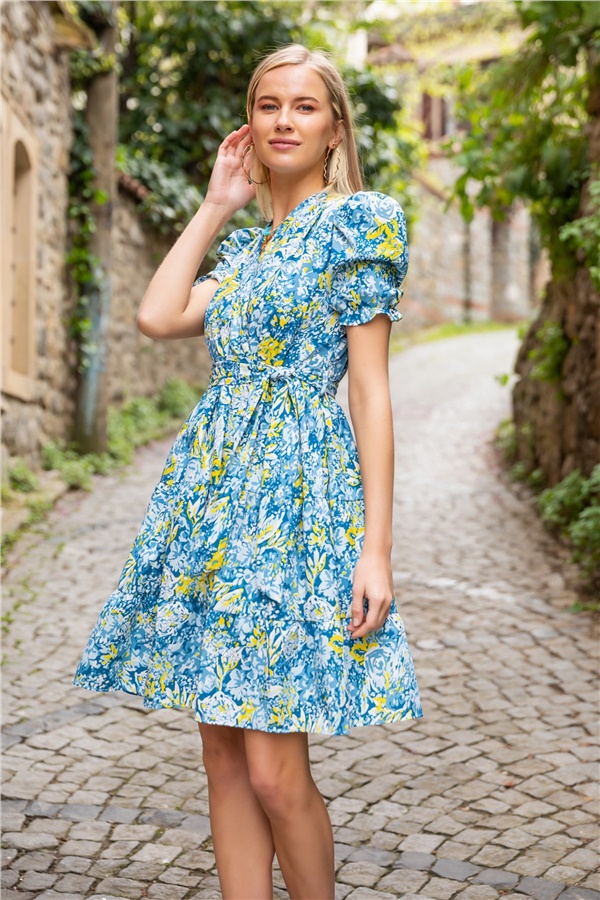 Çiçek Desen Kloş Elbise - MAVİ