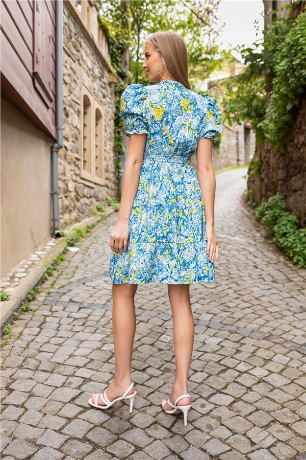 Çiçek Desen Kloş Elbise - MAVİ