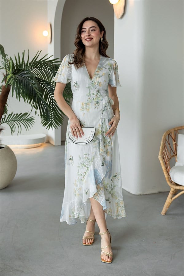 Çiçek Desenli Anvelop Elbise - EKRU