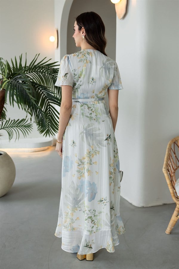 Çiçek Desenli Anvelop Elbise - EKRU