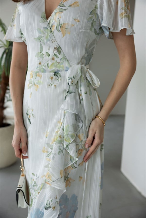 Çiçek Desenli Anvelop Elbise - EKRU