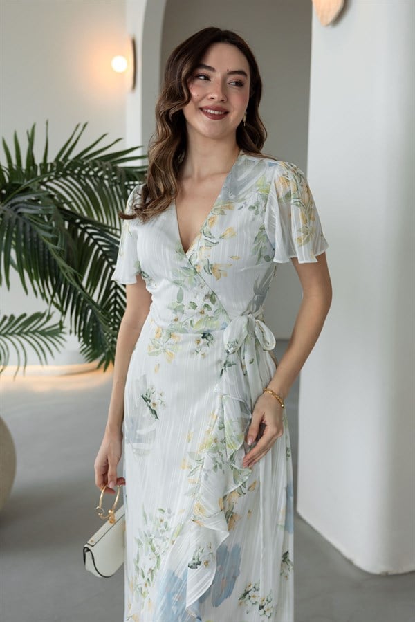 Çiçek Desenli Anvelop Elbise - EKRU